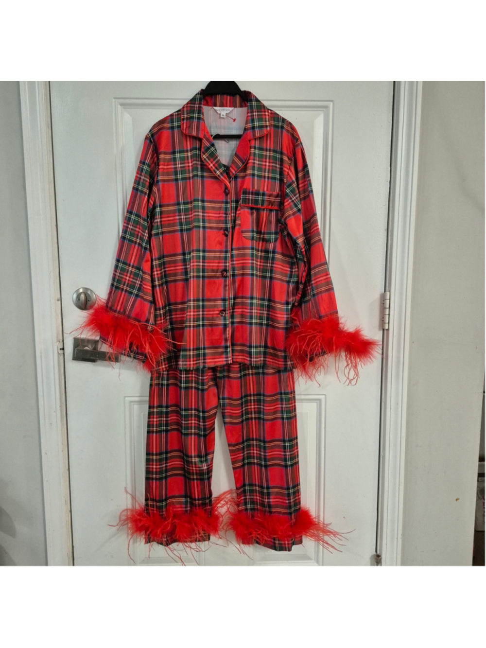 Women's Bon Viviann Plaid Pajama Set with Feather Trim, Red/Green, Size M